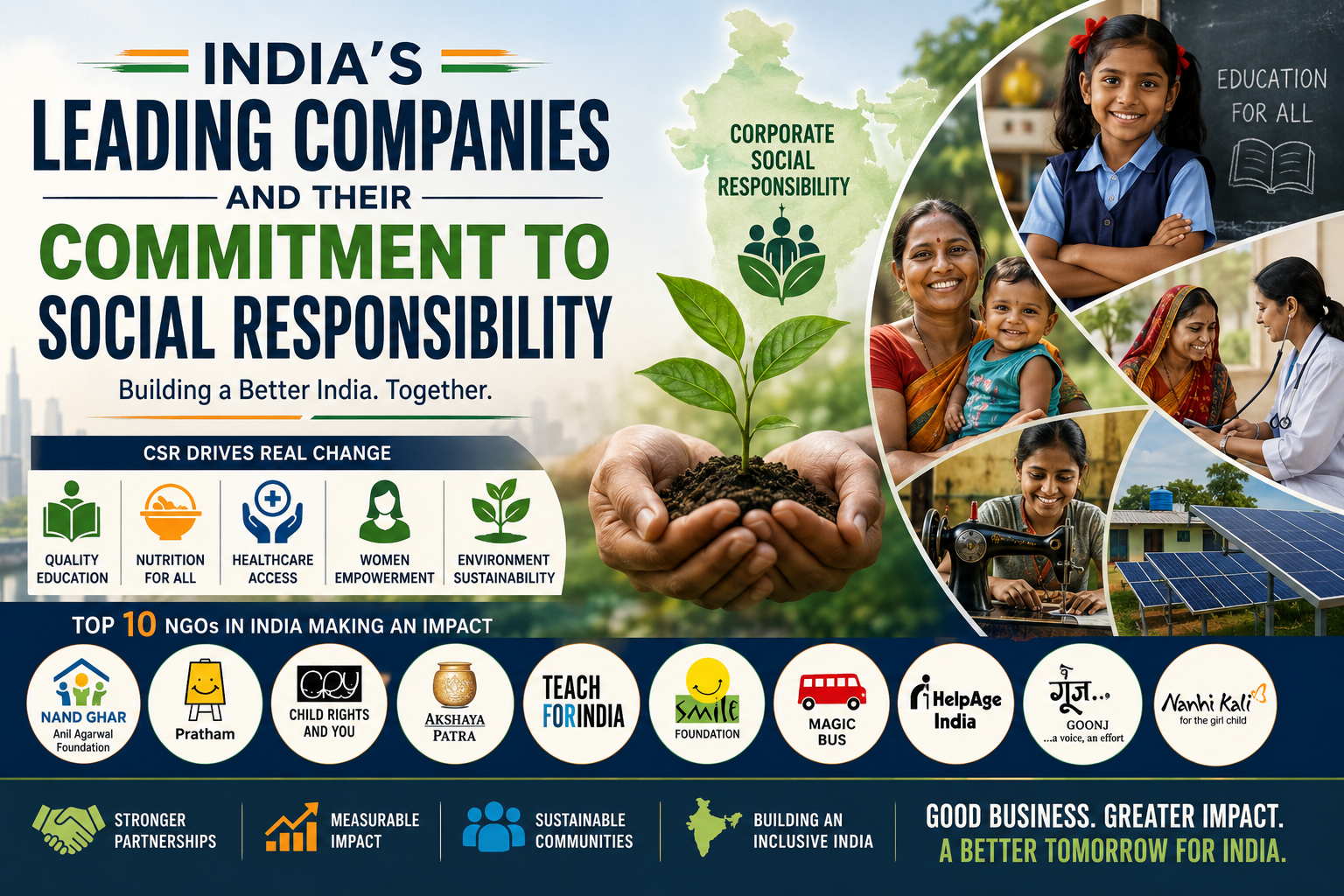 India’s leading companies supporting CSR through education, nutrition, healthcare, women’s empowerment and sustainable community development.